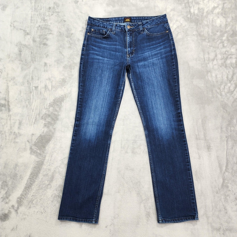 Lee Jeans Womens 12L LONG Blue‎ Medium Wash Mid Rise Straight Leg Stretch Denim